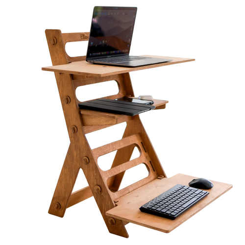 Wooden adjustable standing desk with laptop and keyboard on a white background
